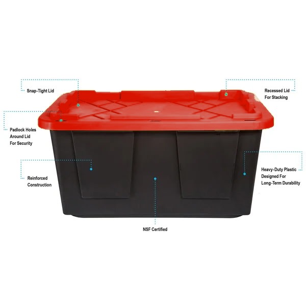 Heavy-duty tote with snap-tight lid, stackable design, reinforced construction